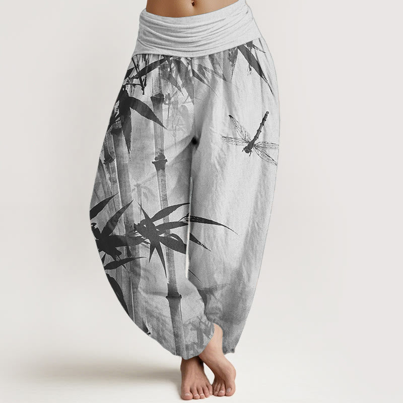 Pantalones Buddha Stones de algodón puro con estampado de libélula y hojas de bambú para mujer, con cintura elástica