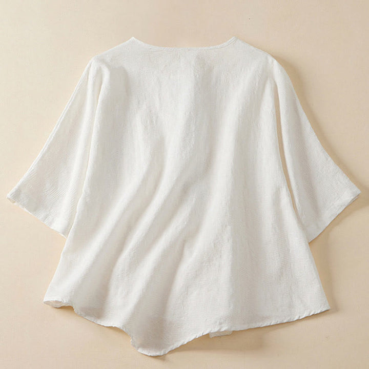 Camisa informal de algodón y lino con diseño de rana colorida y Buddha Stones para mujer, de media manga y botones - image 15