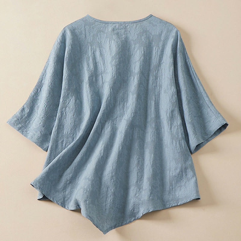 Camisa informal de algodón y lino con diseño de rana colorida y Buddha Stones para mujer, de media manga y botones - image 2