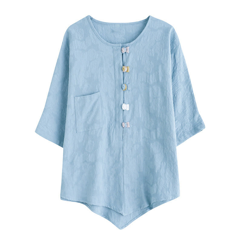 Camisa informal de algodón y lino con diseño de rana colorida y Buddha Stones para mujer, de media manga y botones - image 3