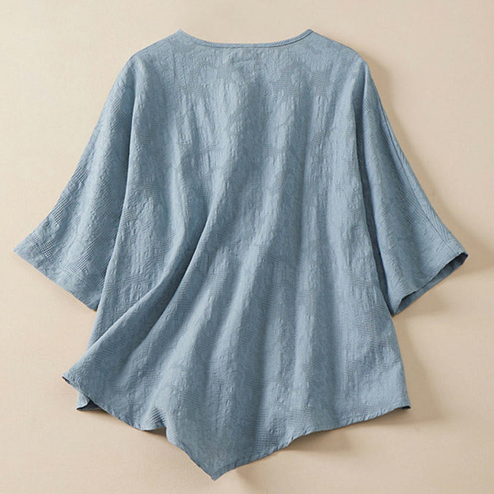 Camisa de mujer informal con estampado de Buddha Stones , flores coloridas y botones de rana, manga corta. - image 2