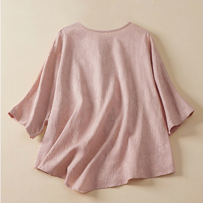 Camisa informal de algodón y lino con diseño de rana colorida y Buddha Stones para mujer, de media manga y botones - image 5