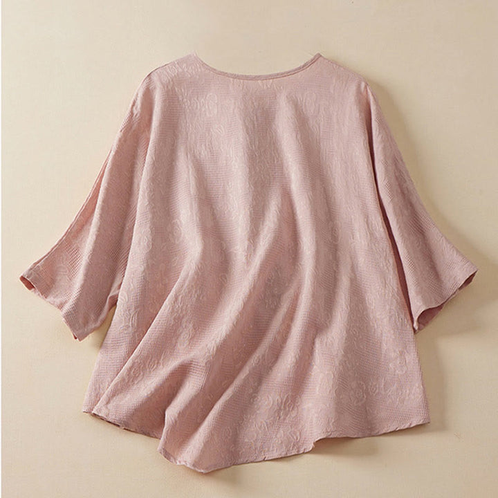 Camisa informal de algodón y lino con diseño de rana colorida y Buddha Stones para mujer, de media manga y botones - image 5