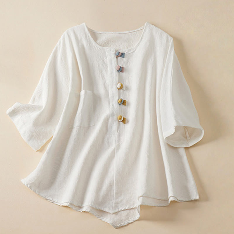 Camisa informal de algodón y lino con diseño de rana colorida y Buddha Stones para mujer, de media manga y botones - Blanco - US8-10，UK/AU12-14，EU40-42 (2XL) - image 14