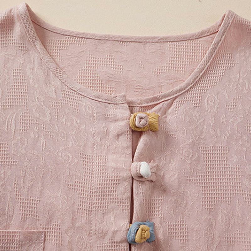 Camisa de mujer informal con estampado de Buddha Stones , flores coloridas y botones de rana, manga corta. - image 6