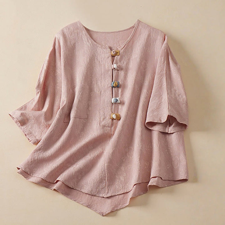Camisa de mujer informal con estampado de Buddha Stones , flores coloridas y botones de rana, manga corta. - Rosa - US8-10，UK/AU12-14，EU40-42 (2XL) - image 4