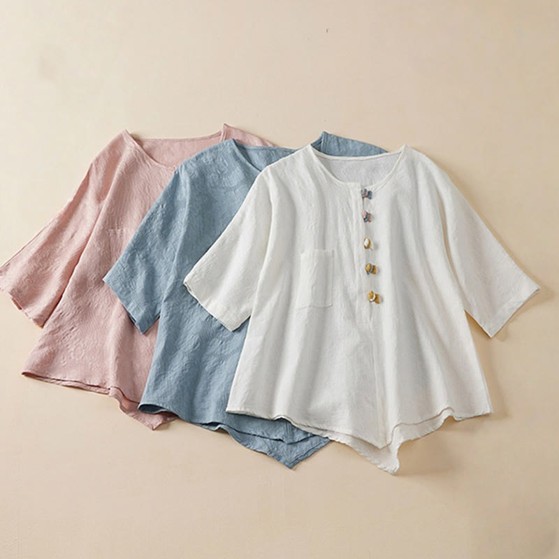 Camisa informal de algodón y lino con diseño de rana colorida y Buddha Stones para mujer, de media manga y botones - image 1