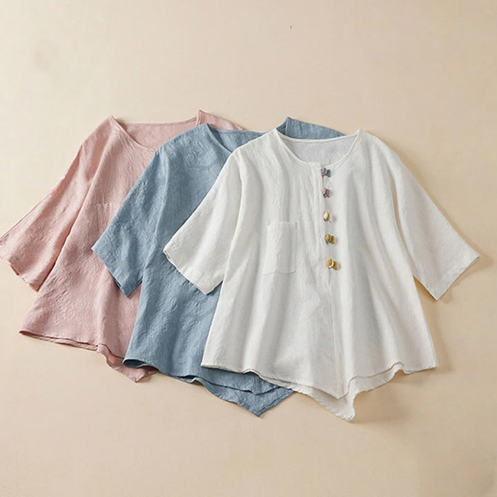 Camisa informal de algodón y lino con diseño de rana colorida y Buddha Stones para mujer, de media manga y botones - image 1