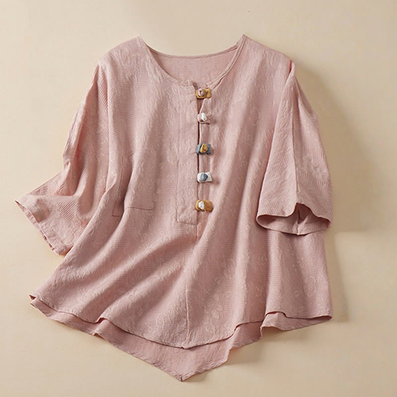 Camisa informal de algodón y lino con diseño de rana colorida y Buddha Stones para mujer, de media manga y botones - Rosa - US8-10，UK/AU12-14，EU40-42 (2XL) - image 4