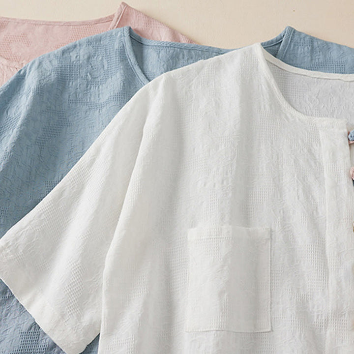 Camisa informal de algodón y lino con diseño de rana colorida y Buddha Stones para mujer, de media manga y botones - image 16