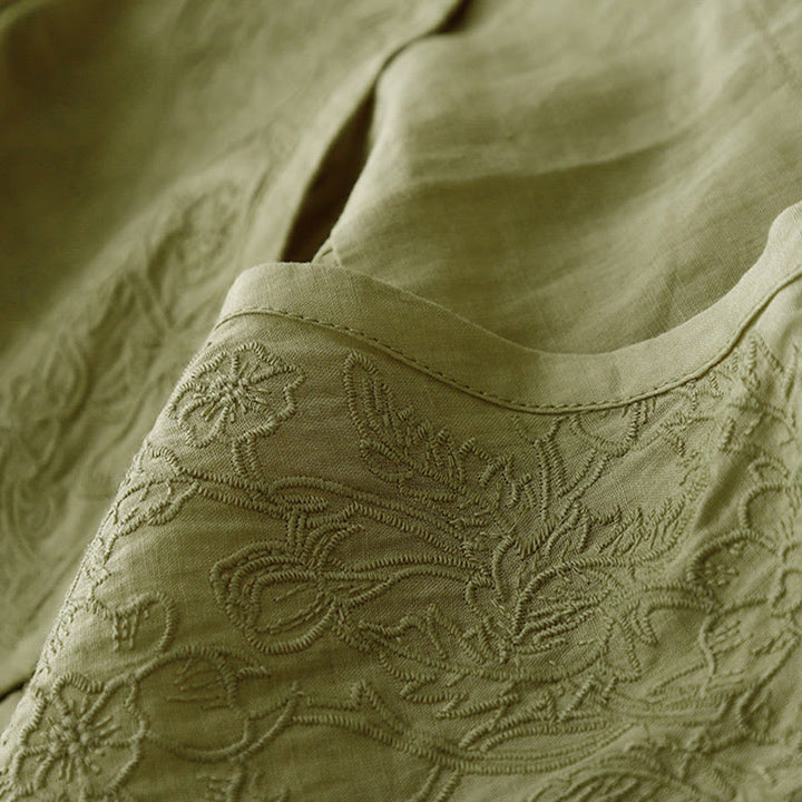 Camisa de manga corta de algodón para mujer con diseño artístico de Buddha Stones, color puro y bordado con botones frontales. - image 20