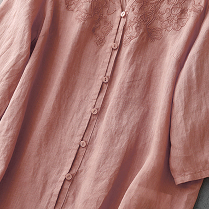 Camisa de manga corta de algodón para mujer con diseño artístico de Buddha Stones, color puro y bordado con botones frontales. - image 8