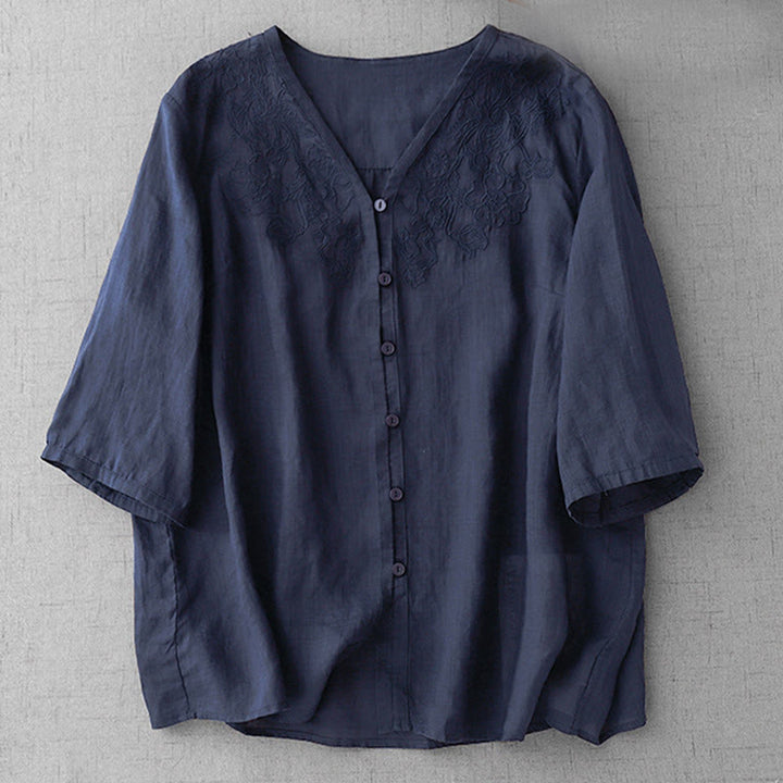 Camisa de manga corta de algodón para mujer con diseño artístico de Buddha Stones, color puro y bordado con botones frontales. - image 26