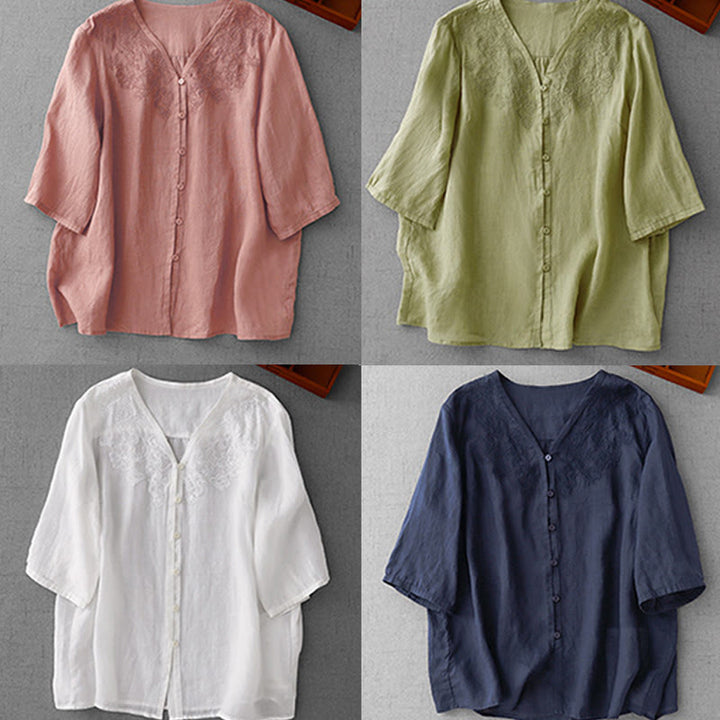 Camisa de manga corta de algodón para mujer con diseño artístico de Buddha Stones, color puro y bordado con botones frontales. - image 28
