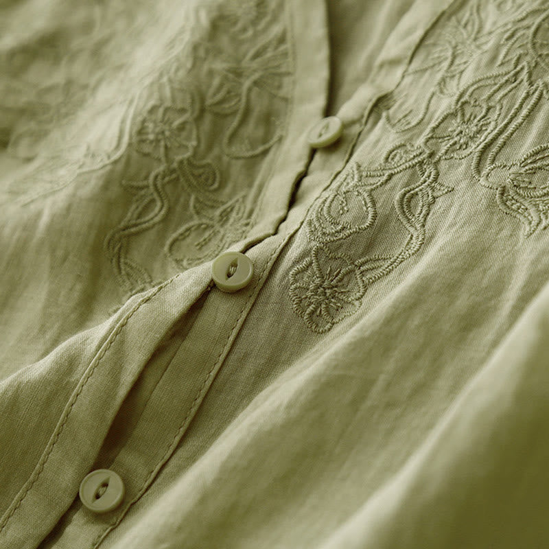 Camisa de manga corta de algodón para mujer con diseño artístico de Buddha Stones, color puro y bordado con botones frontales. - image 19