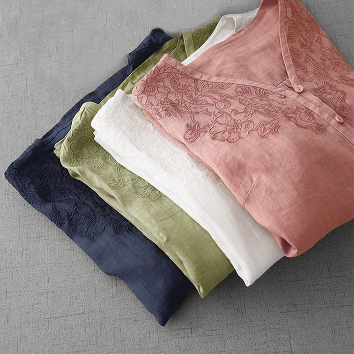 Camisa de manga corta de algodón para mujer con diseño artístico de Buddha Stones, color puro y bordado con botones frontales. - image 31