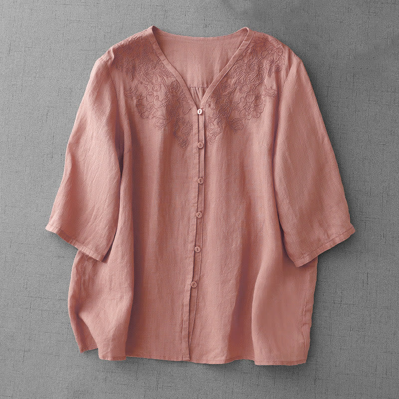 Camisa de manga corta de algodón para mujer con diseño artístico de Buddha Stones, color puro y bordado con botones frontales. - Coral claro - US12, UK/AU16, EU44 (2XL) - image 0