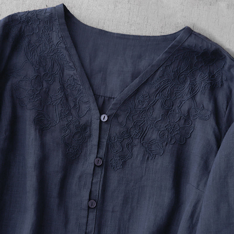 Camisa de manga corta de algodón para mujer con diseño artístico de Buddha Stones, color puro y bordado con botones frontales. - image 27