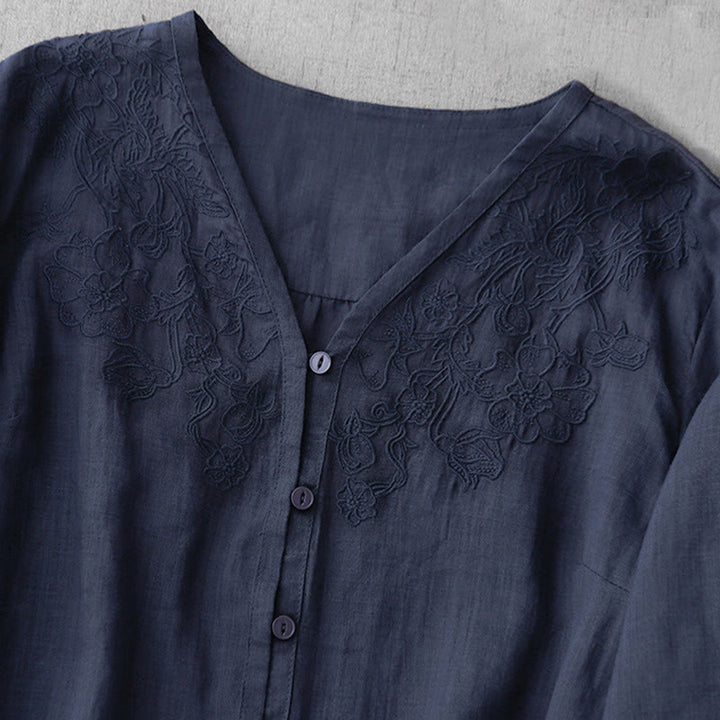 Camisa de manga corta de algodón para mujer con diseño artístico de Buddha Stones, color puro y bordado con botones frontales. - image 27