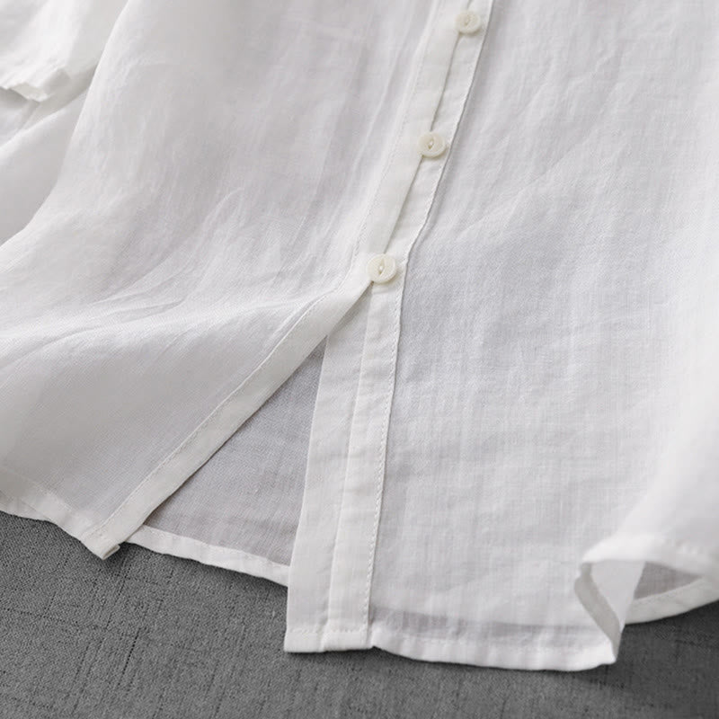 Camisa de manga corta de algodón para mujer con diseño artístico de Buddha Stones, color puro y bordado con botones frontales. - image 13