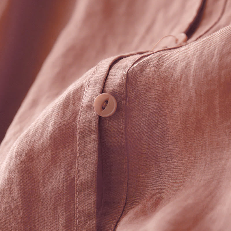 Camisa de manga corta de algodón para mujer con diseño artístico de Buddha Stones, color puro y bordado con botones frontales. - image 4