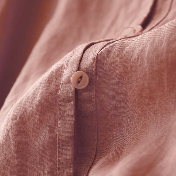 Camisa de manga corta de algodón para mujer con diseño artístico de Buddha Stones, color puro y bordado con botones frontales. - image 4