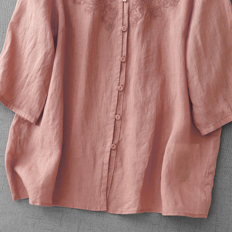 Camisa de manga corta de algodón para mujer con diseño artístico de Buddha Stones, color puro y bordado con botones frontales. - image 2