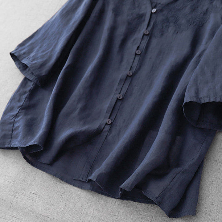 Camisa de manga corta de algodón para mujer con diseño artístico de Buddha Stones, color puro y bordado con botones frontales. - image 24