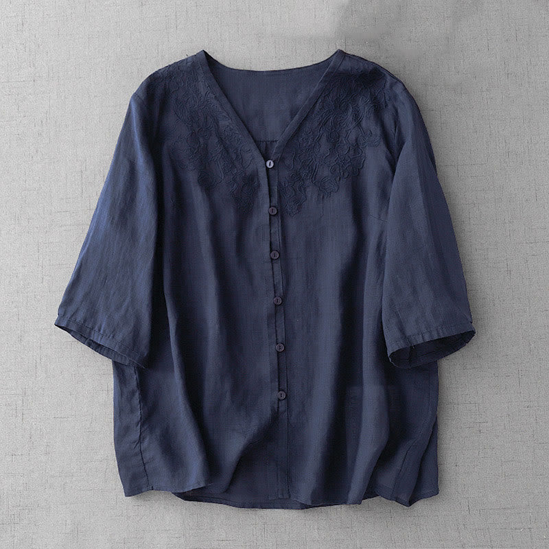 Camisa de manga corta de algodón para mujer con diseño artístico de Buddha Stones, color puro y bordado con botones frontales. - Azul medianoche - US12, UK/AU16, EU44 (2XL) - image 22