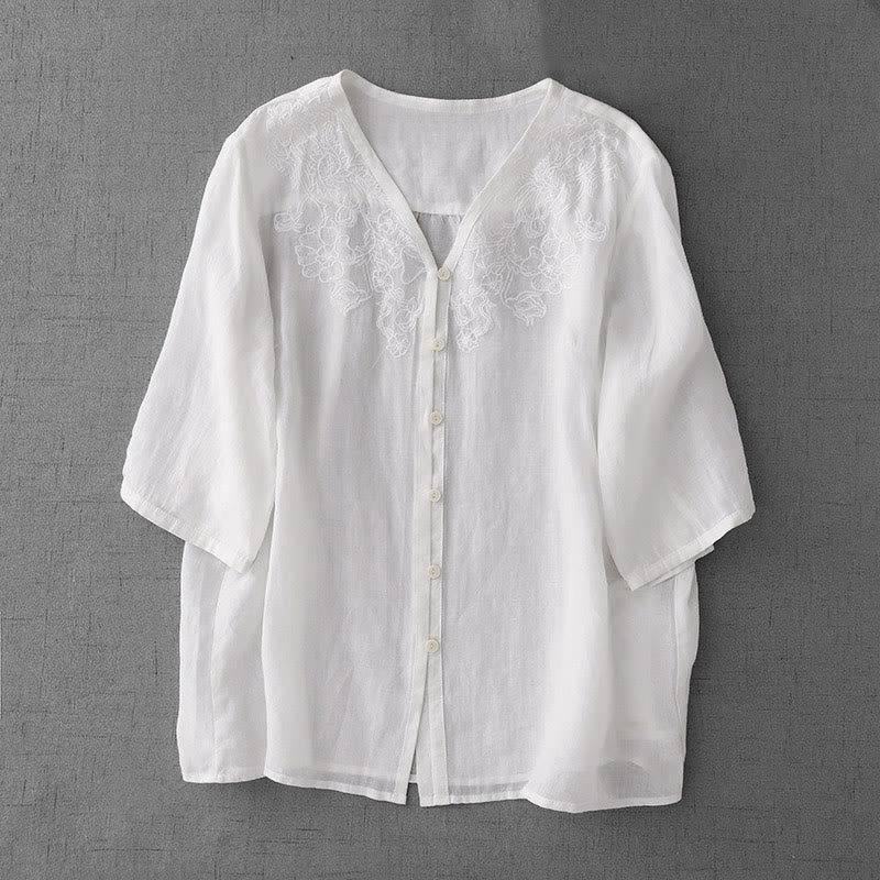 Camisa de manga corta de algodón para mujer con diseño artístico de Buddha Stones, color puro y bordado con botones frontales. - Blanco - US12, UK/AU16, EU44 (2XL) - image 11