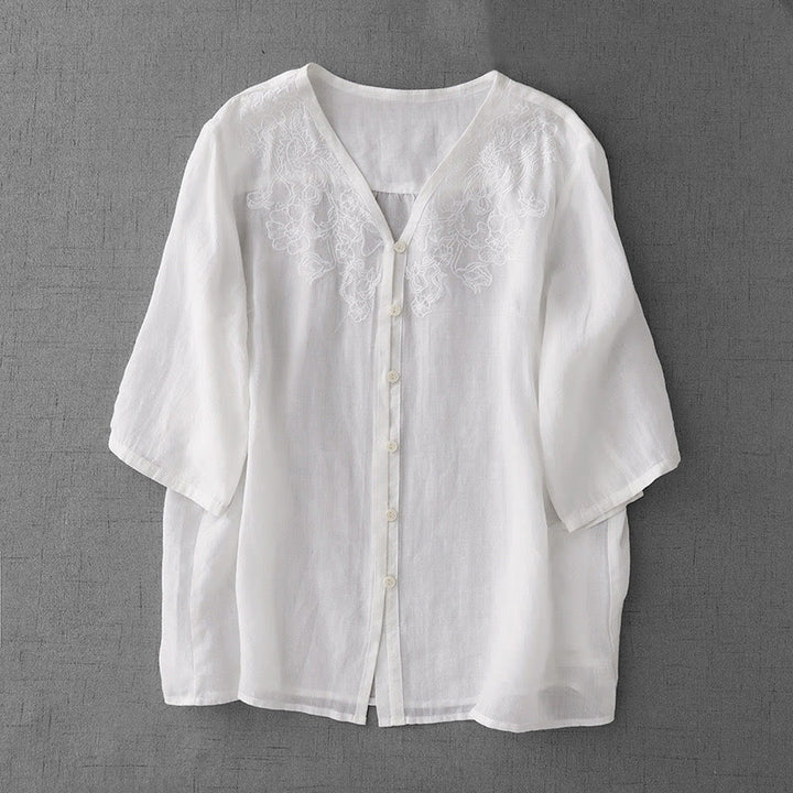 Camisa de manga corta de algodón para mujer con diseño artístico de Buddha Stones, color puro y bordado con botones frontales. - Blanco - US12, UK/AU16, EU44 (2XL) - image 11