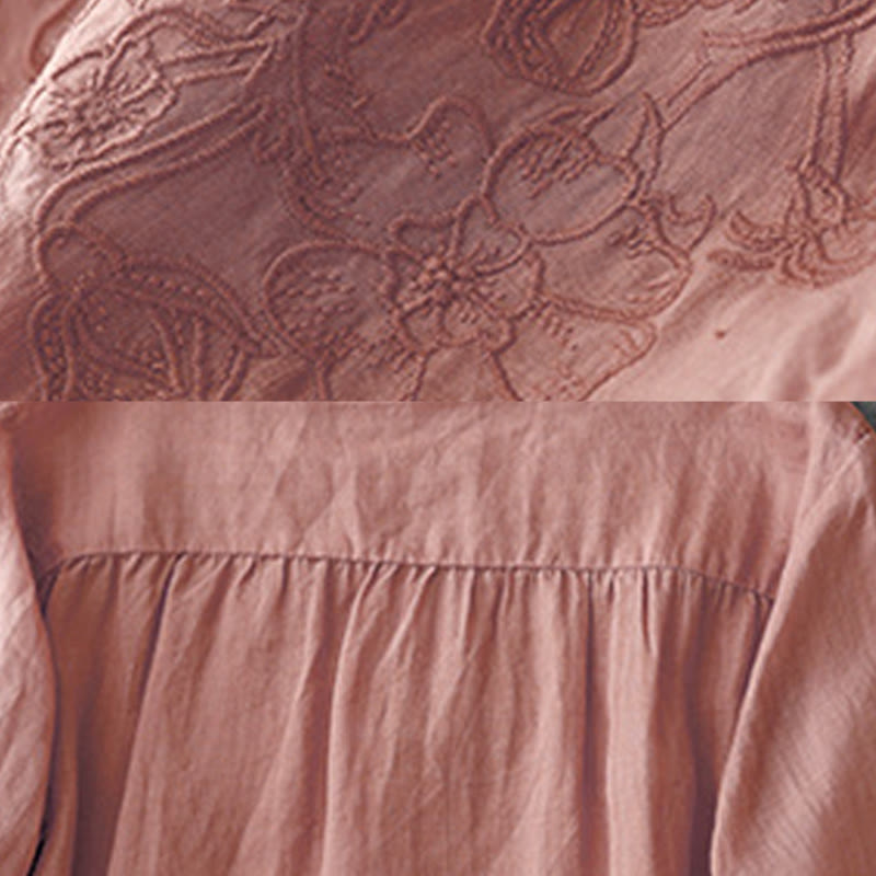 Camisa de manga corta de algodón para mujer con diseño artístico de Buddha Stones, color puro y bordado con botones frontales. - image 9