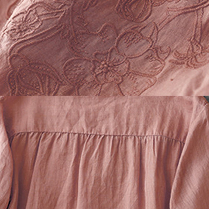 Camisa de manga corta de algodón para mujer con diseño artístico de Buddha Stones, color puro y bordado con botones frontales. - image 9