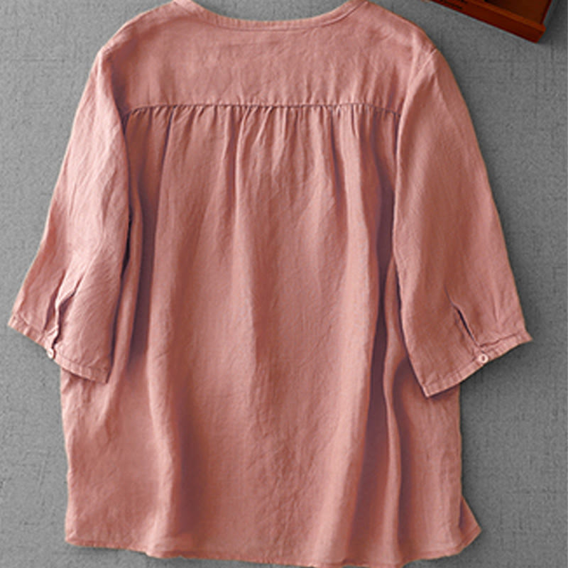 Camisa de manga corta de algodón para mujer con diseño artístico de Buddha Stones, color puro y bordado con botones frontales. - image 1