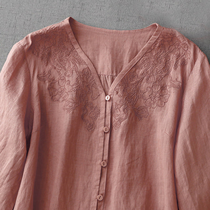 Camisa de manga corta de algodón para mujer con diseño artístico de Buddha Stones, color puro y bordado con botones frontales. - image 3