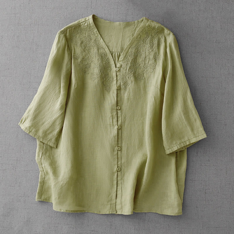 Camisa de manga corta de algodón para mujer con diseño artístico de Buddha Stones, color puro y bordado con botones frontales. - Verde claro - US12, UK/AU16, EU44 (2XL) - image 16