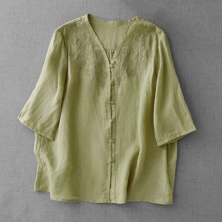 Camisa de manga corta de algodón para mujer con diseño artístico de Buddha Stones, color puro y bordado con botones frontales. - Verde claro - US12, UK/AU16, EU44 (2XL) - image 16