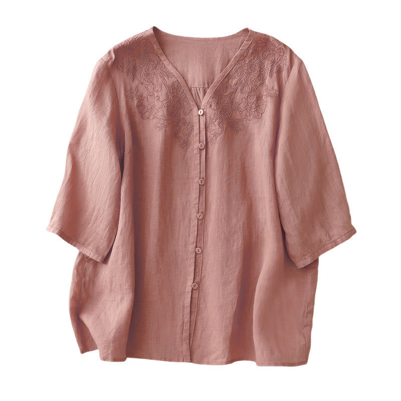 Camisa de manga corta de algodón para mujer con diseño artístico de Buddha Stones, color puro y bordado con botones frontales. - image 10