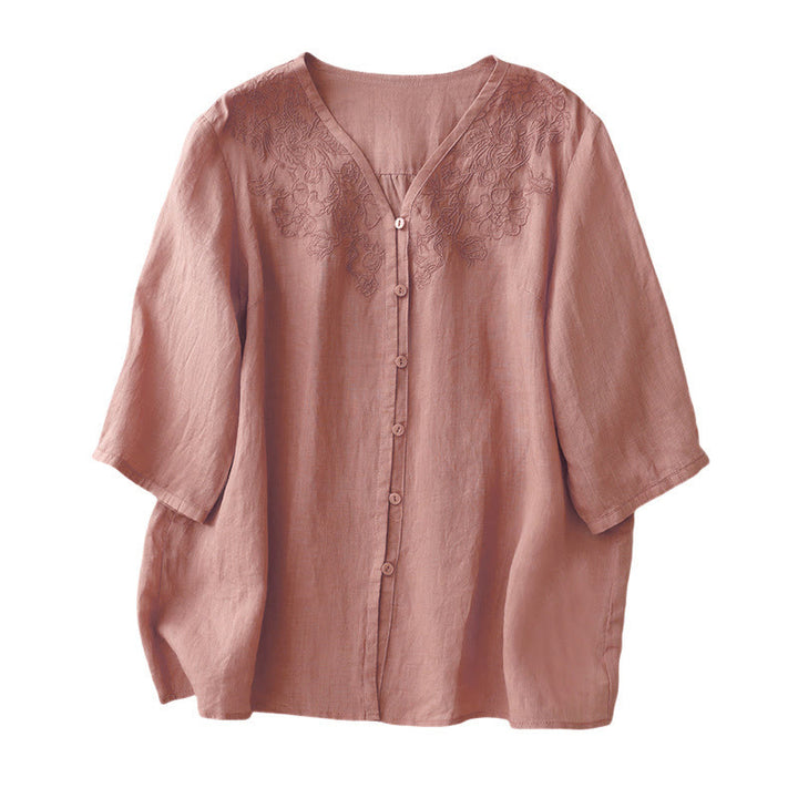 Camisa de manga corta de algodón para mujer con diseño artístico de Buddha Stones, color puro y bordado con botones frontales. - image 10