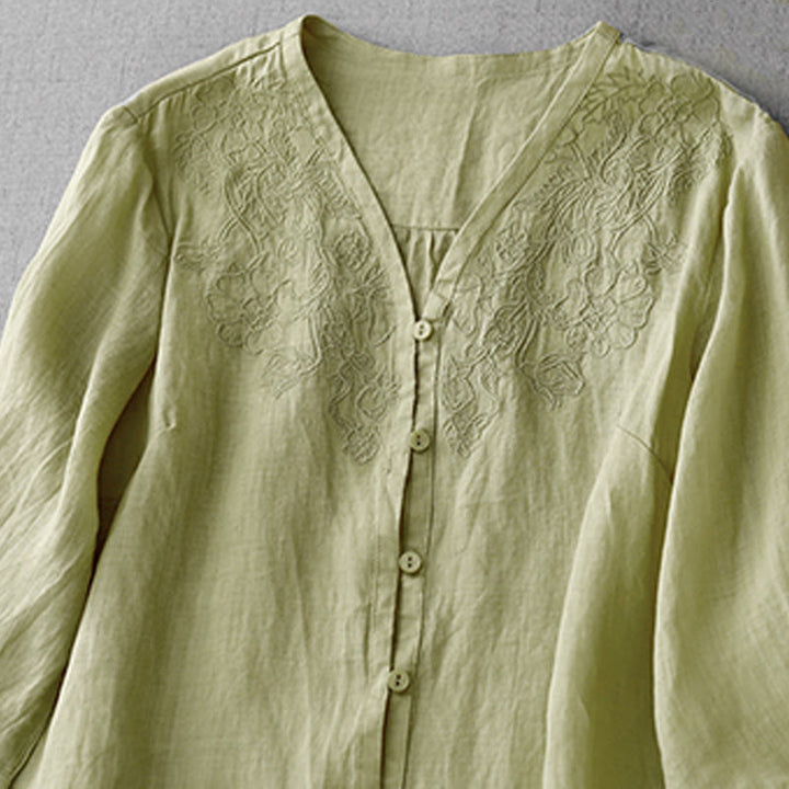 Camisa de manga corta de algodón para mujer con diseño artístico de Buddha Stones, color puro y bordado con botones frontales. - image 17