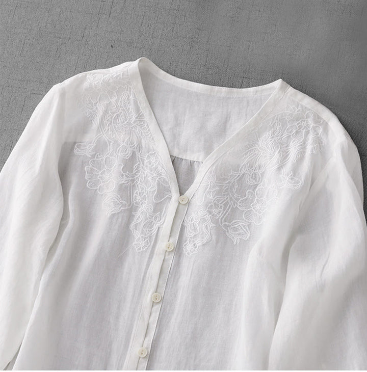 Camisa de manga corta de algodón para mujer con diseño artístico de Buddha Stones, color puro y bordado con botones frontales. - image 12