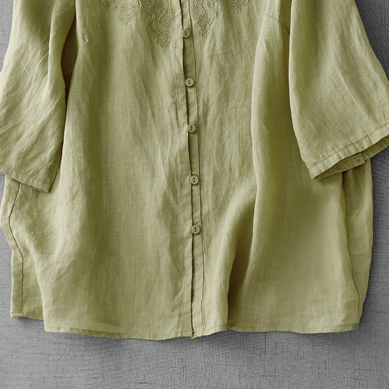 Camisa de manga corta de algodón para mujer con diseño artístico de Buddha Stones, color puro y bordado con botones frontales. - image 18