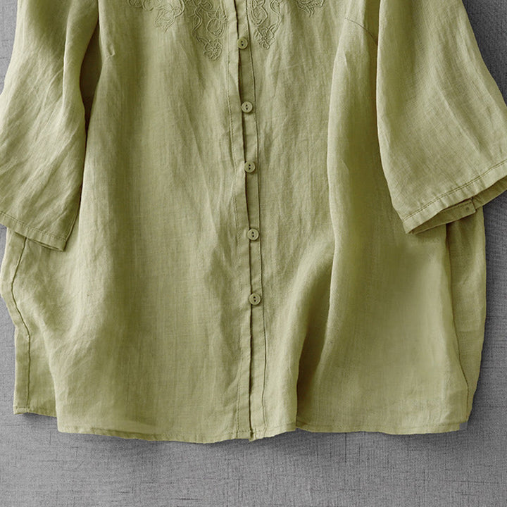 Camisa de manga corta de algodón para mujer con diseño artístico de Buddha Stones, color puro y bordado con botones frontales. - image 18