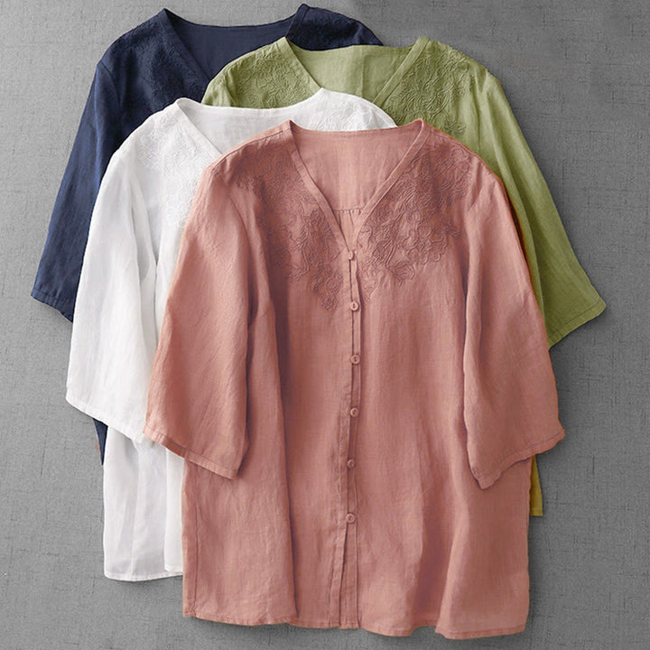 Camisa de manga corta de algodón para mujer con diseño artístico de Buddha Stones, color puro y bordado con botones frontales. - image 29