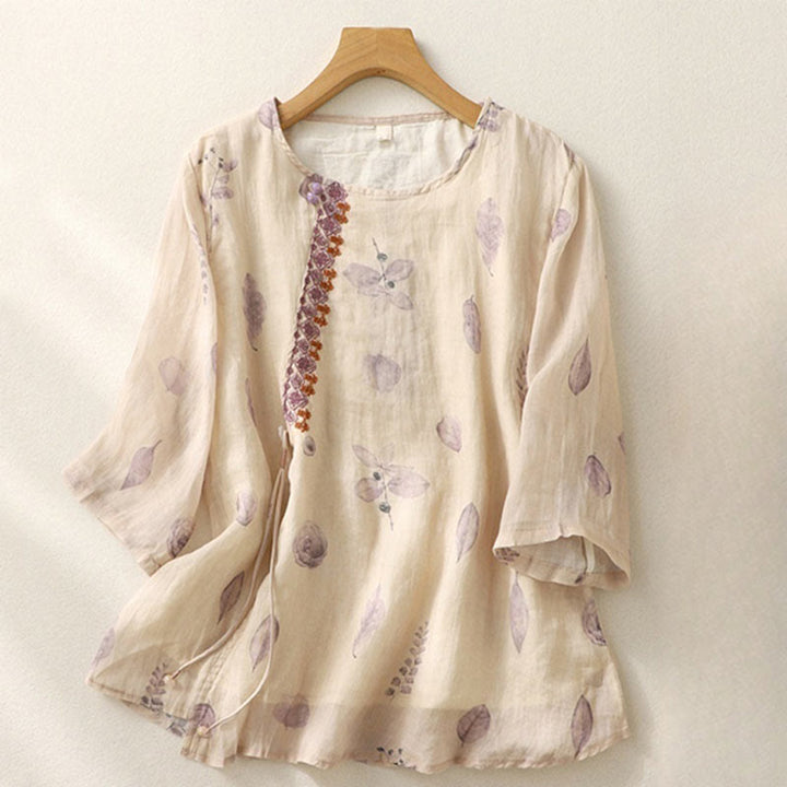 Camisa de lino y algodón para mujer, manga tres cuartos, con diseño bordado de Buddha Stones - OldLace - US12, UK/AU16, EU44 (2XL) - image 0