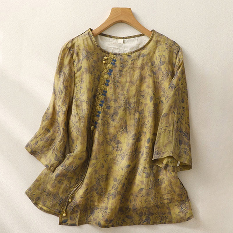 Camisa de lino y algodón para mujer, manga tres cuartos, con diseño bordado de Buddha Stones - Vara de oro oscuro - US12, UK/AU16, EU44 (2XL) - image 13