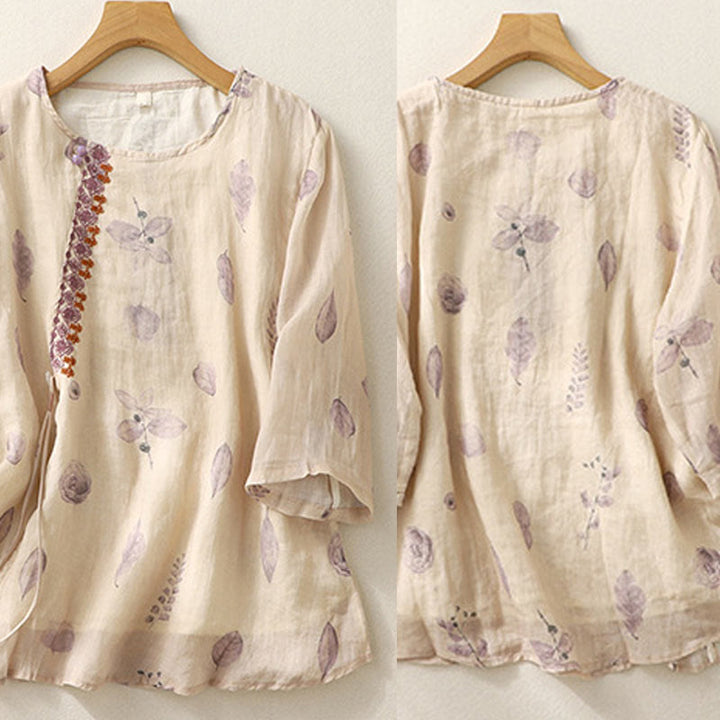 Camisa de lino y algodón para mujer, manga tres cuartos, con diseño bordado de Buddha Stones - image 3