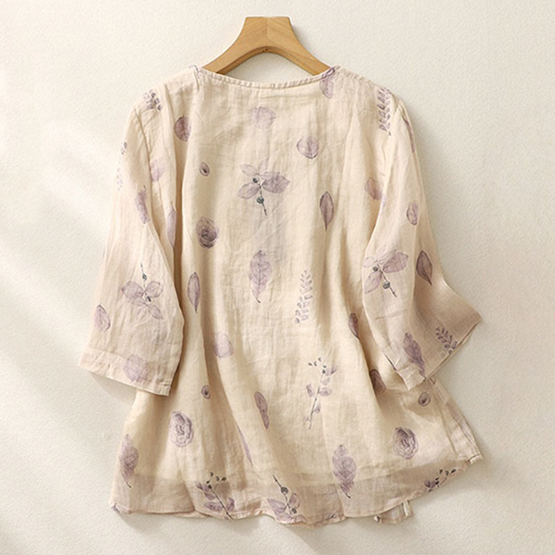 Camisa de lino y algodón para mujer, manga tres cuartos, con diseño bordado de Buddha Stones - image 2