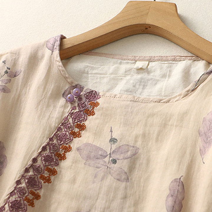 Camisa de lino y algodón para mujer, manga tres cuartos, con diseño bordado de Buddha Stones - image 4