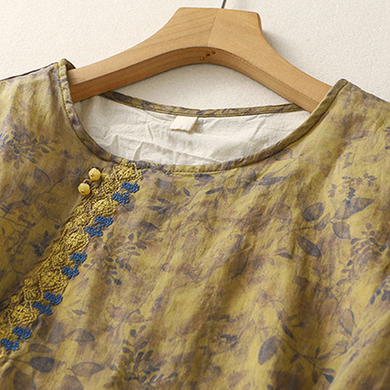 Camisa de lino y algodón para mujer, manga tres cuartos, con diseño bordado de Buddha Stones - image 15